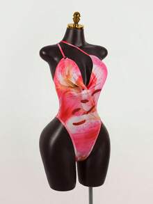 Celisse Women's Fashion Elegant Casual Vacation Style Lily Flower Print Mesh Pleated Draped Neck Sleeveless Adjustable Strap Bodysuit - Red - View 4