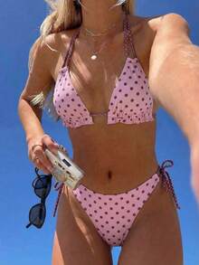 Swim Mod 女士夏季波点挂脖三角比基尼，荷叶边装饰，系带甜美风泳装套装，适合海岛度假、泳池派对和海滩漫步，复古少女风 - 彩色 - 查看 1