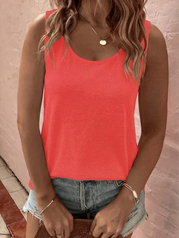 EMERY ROSE Camiseta de tirantes básica de cuello en U de color rojo neón para mujer de talla grande - Rojo - Añade 3