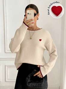 Serisse Suéter de mujer de estilo minimalista casual con ribete de contraste en vino tinto, lazo en vino tinto y bordado de corazón en vino tinto, adecuado para otoño/invierno, fiestas, versátil - Multicolor - Ver 2