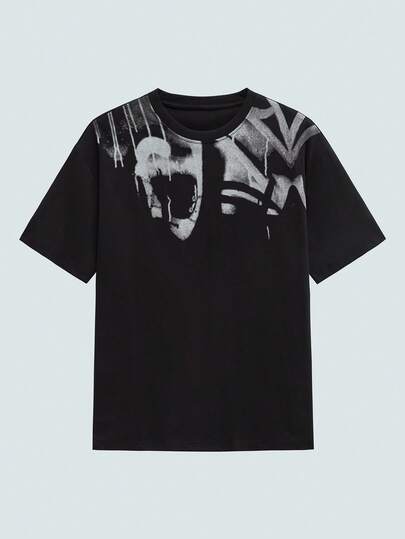 Modcrash Black Graphic Print Round Neck T-Shirt, Casual Loose Fit Short Sleeve Tee For Men, Summer Minimalist Sports Versatile