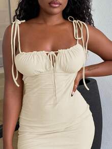 Alexandranx Tie Front Ruched Bust Knot Shoulder Lettuce Trim Summer Cami Long Dress - Beige - View 7
