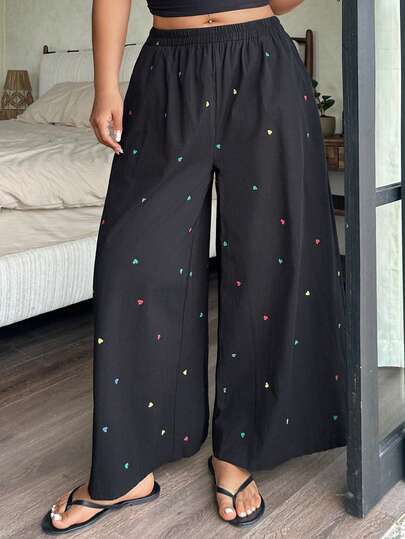 Dazy Plus 大码女式爱心印花阔腿七分睡裤，春夏睡衣下装