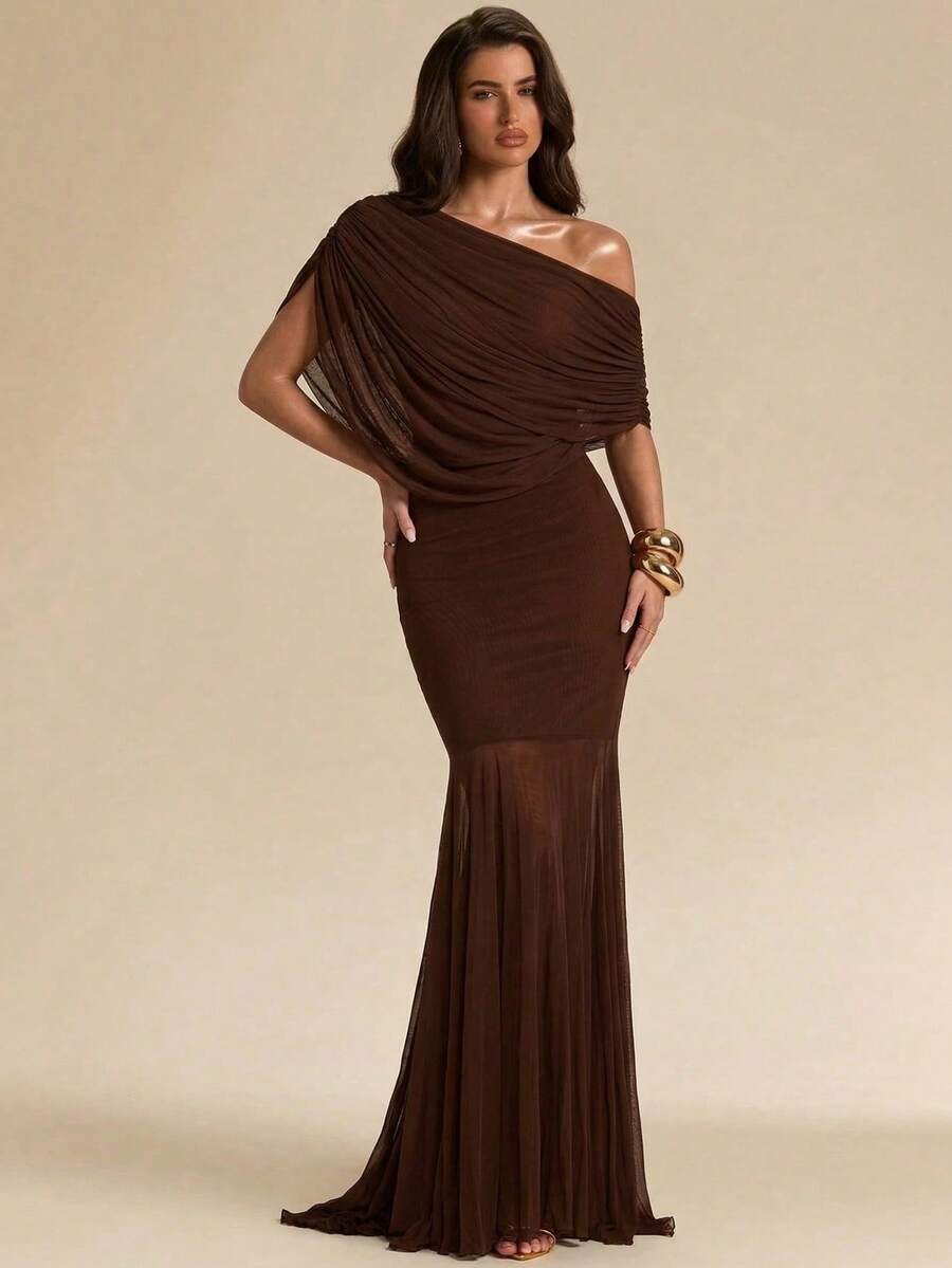 SHEIN BAE 女士纯色褶皱不对称下摆修身连衣裙 - 棕色 - 查看 1