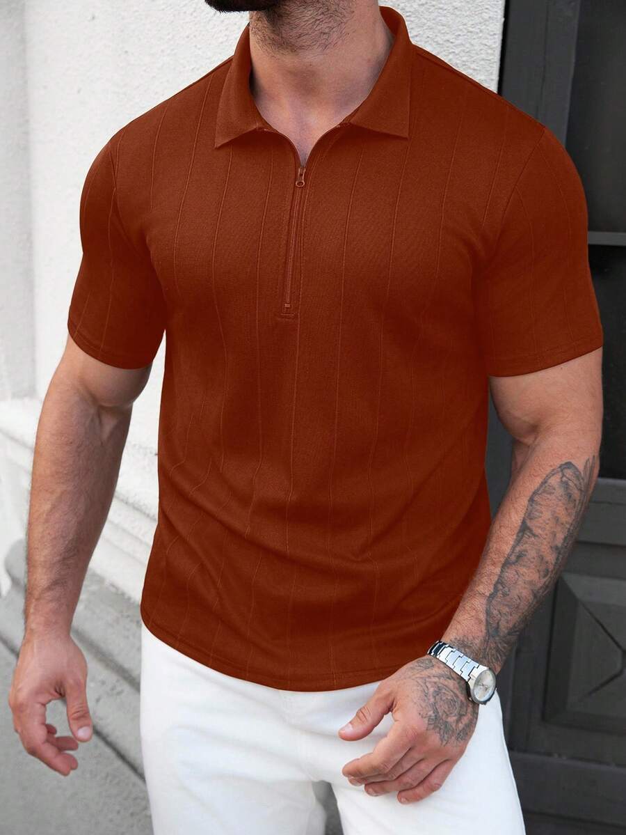 Manfinity CasualCool 男士休闲纯色短袖Polo衫，适合夏季日常通勤 - 棕色 - 查看 1