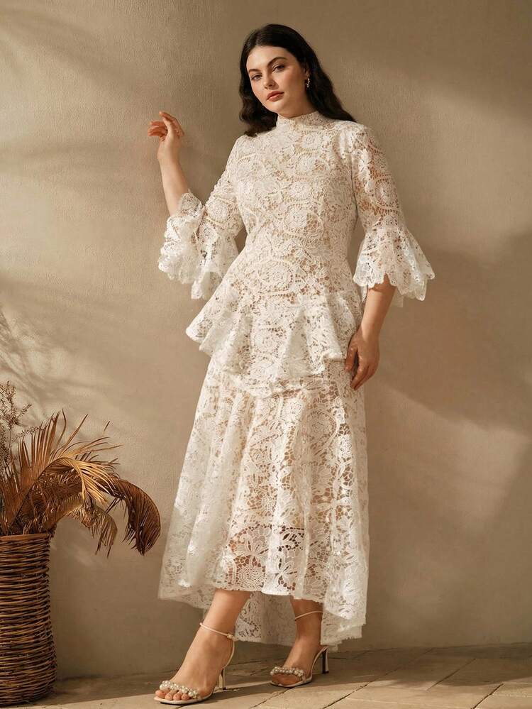 Plus Size Women's Embroidered Fabric Dress With Flared Sleeves, Stand Collar And Asymmetric Hem