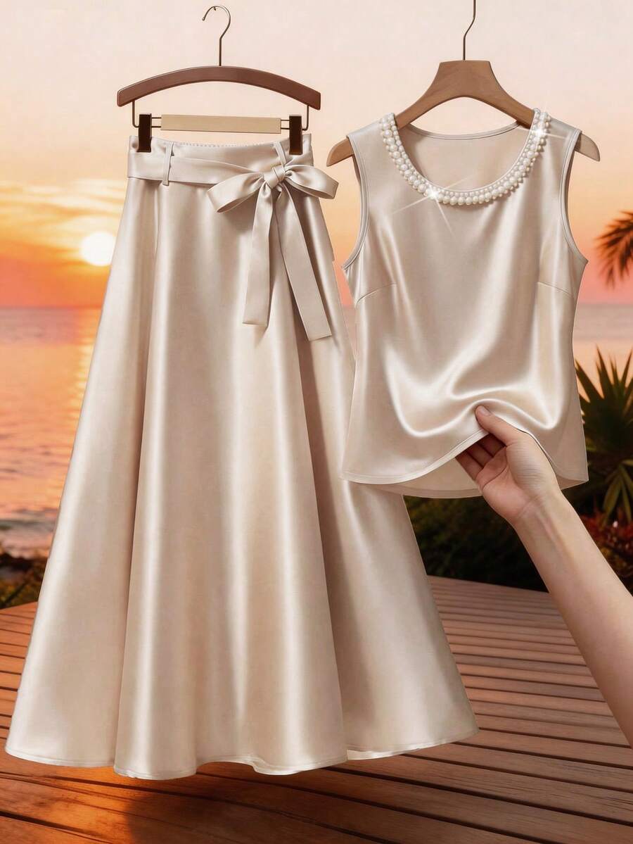 GlowEve Elegant Knit Camisole Top With Pearl Collar & Flared Skirt With Bow Tie Waist, Women 2-Piece Set, Fashionable Summer Outfit - Champagne - View 1