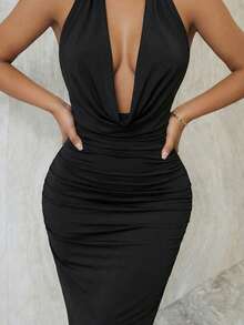 Eryvara Fitted Sexy Halter Draped Backless Solid Color Dress, Elegant And Fashionable - Black - View 4