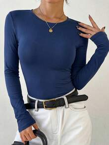 DAZY Women's Solid Color Slim Fit T-Shirt, New Arrival For Autumn - Navy Blue - View 2
