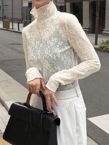 FRIFUL Women's Casual Stand Collar Long Sleeve Mesh Fitted Top - Apricot - View 4