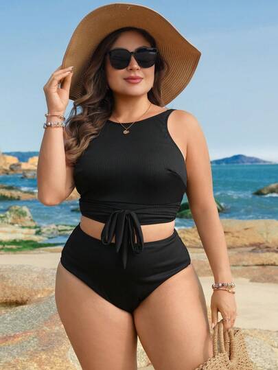 Swim Lushoire Plus Size Women Solid Color Tankini Swimsuit