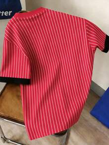 Manfinity Joysei Men's Round Neck Striped Cat Print Casual Versatile Daily Wear Short Sleeve T-Shirt - Red - View 2