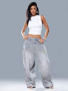 Denimoi Quần jeans ống rộng, chất liệu denim mài độc đáo, phong cách đường phố thời trang. - Xám - Xem 3