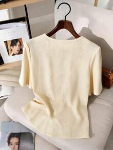 Franclia Women's Solid Color Faux Pearl Decorated Short Sleeve Blouse - Apricot - View 5
