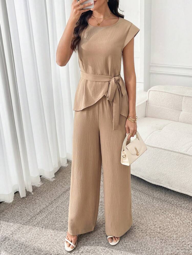 Women's Solid Color Asymmetrical Hem Top & Pants 2 Pieces Set