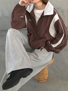FRIFUL Women's Casual Fashion Street Sporty Contrast Piping Zip-Up Jacket, Suitable For Spring And Autumn - Brown - View 4