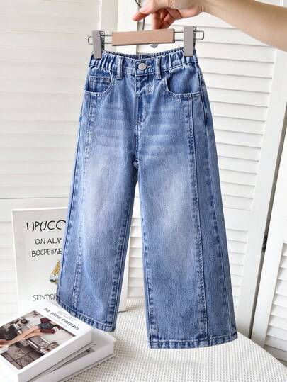 SHEIN Playful Pals Young Girl (Small) Distressed Vintage Fashion Personalized Front Panel Split Bleached Jeans, Black Bow Decor Wide Leg Snug Fit Versatile All Season Blue Denim Casual Pants