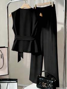 Franclia Fashionable V-Neck Sleeveless Pink Blouse And Trousers Two Pieces Outfit, Commuting Style For Women, Spring/Summer - Black - View 2