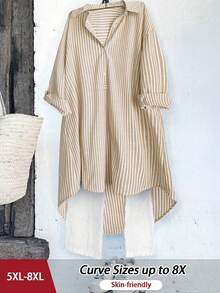 SHEIN CURVE+ 大码女式休闲百搭法式复古优雅都市女性风，独特经典蓝白条纹设计，修身优雅，适合搭配衬衫、外套等。 - 卡其色 - 查看 6