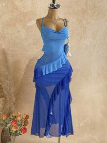 Soleia Đầm nữ in họa tiết hoa cổ điển nhiều màu sắc, cổ xếp ly, gấu đầm bồng bềnh, kiểu dáng đi nghỉ mát. - Màu xanh lam - Xem 3