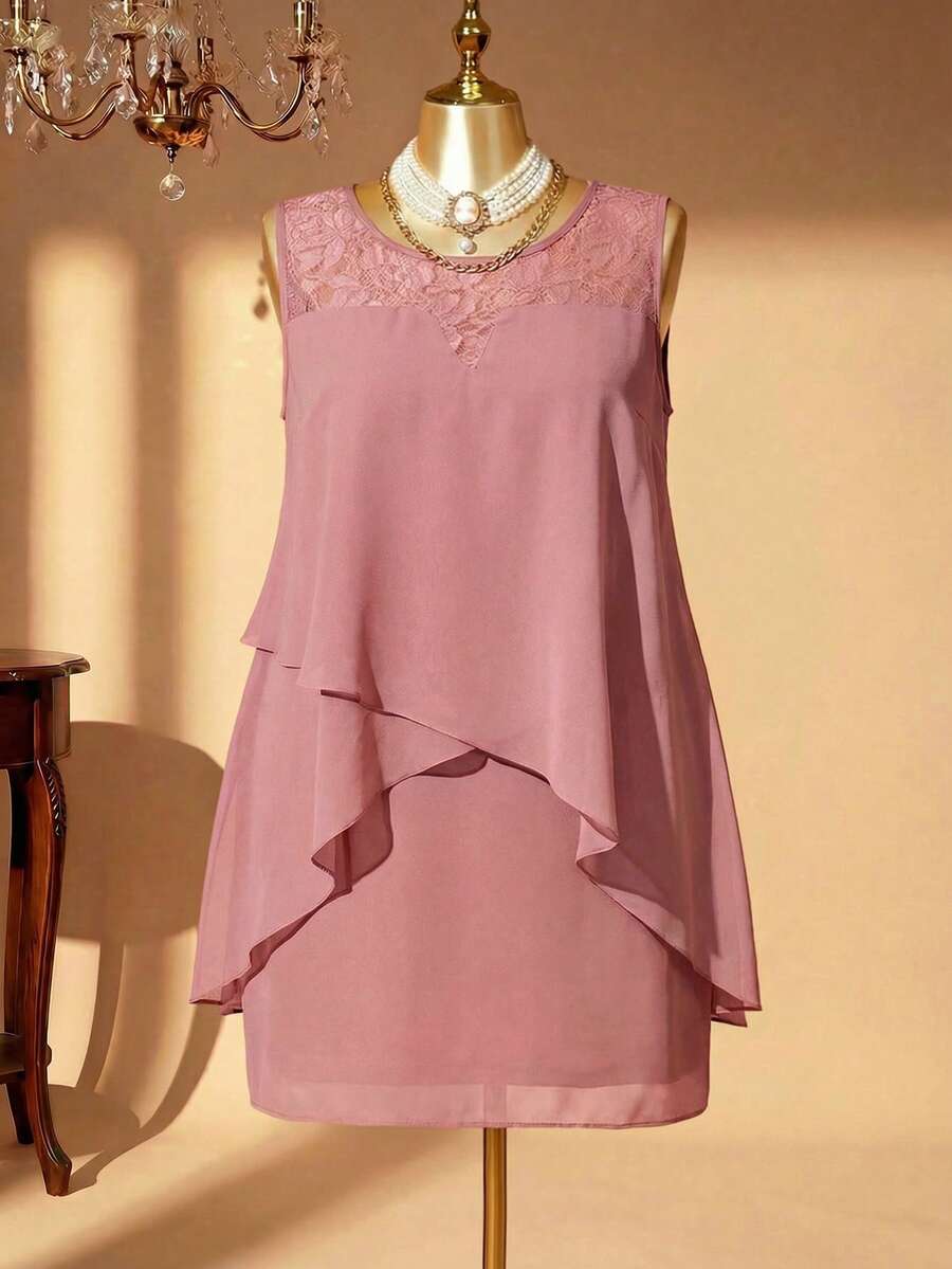 Rometta Plus Size Women's Patchwork Asymmetrical Ruffled Hem Sleeveless Round Neck Dress - Pink - View 1