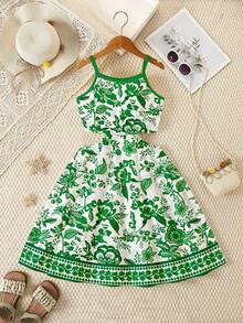 Bộ áo croptop không tay và chân váy in họa tiết hoa cổ điển mùa xuân hè, trang phục thường ngày thoải mái và sành điệu cho bé gái, phù hợp cho kỳ nghỉ hè và mặc hàng ngày. - Nhiều màu - Xem 4