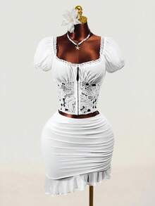 Mistrie The New Sexy YK2 Girlie Square-Neck Laceless Openwork Embroidered Lace Fabric Patchwork Lace Bra, Top, Women's Shirt, Sexy And Fashionable French-Style Short Shirt, Suitable For Beach Vacation, Wedding, Etc. - White - View 1