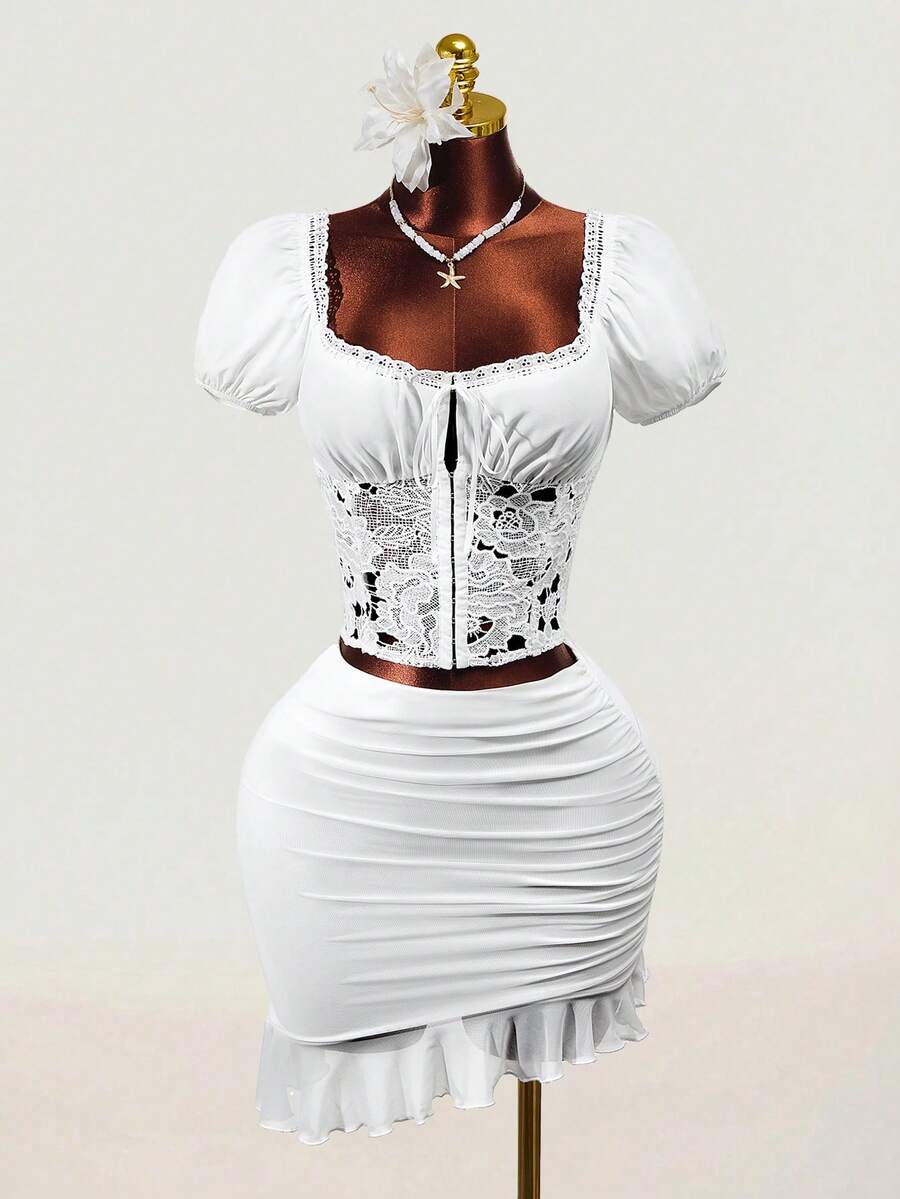 Mistrie The New Sexy YK2 Girlie Square-Neck Laceless Openwork Embroidered Lace Fabric Patchwork Lace Bra, Top, Women's Shirt, Sexy And Fashionable French-Style Short Shirt, Suitable For Beach Vacation, Wedding, Etc. - White - View 1