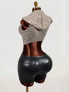 Mistrie Sexy Hooded Sequin Mesh Asymmetrical Sleeveless Top For Women - Grey - View 2
