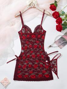 2pcs Women's Sexy Lace Patchwork Nightgown Set - Burgundy - View 2