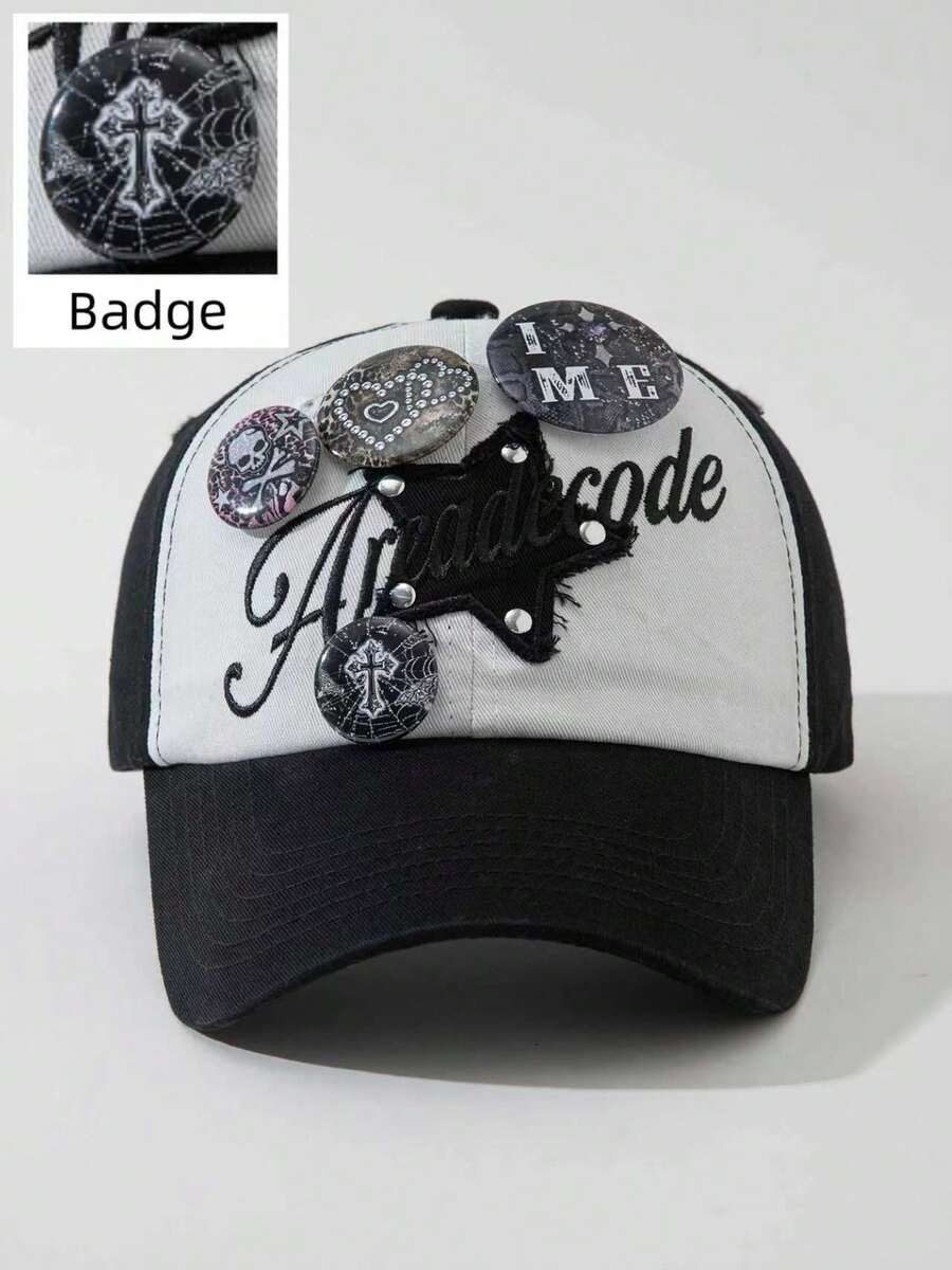 ROMWE Anime 1 Women's Star Patch Embroidered Badge Baseball Cap Outdoor Adjustable Cap - Black and White - View 1