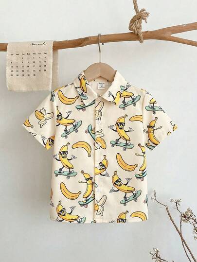 SHEIN 1pc Young Boys' Casual Collegiate Comfortable Fashion Minimalist Practical Soft Vintage Printed Pattern Comfortable Short Sleeve Shirt, Suitable For Daily Wear, School, Outings, Spring/Summer