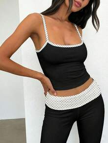 SHEIN EZwear 女士波点拼接吊带背心和裤子休闲简约套装，适合春夏外出穿着 - 彩色 - 查看 5