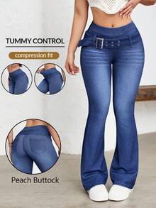 Flexra Women's Casual Washed Slim Fit Flare Jeans With Belt - Blue - View 1