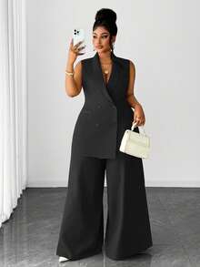 Maweii Bộ vest thanh lịch cỡ lớn, áo blazer và quần ống rộng, phù hợp cho công sở và đi làm, mùa thu/đông. - màu đen - Xem 1