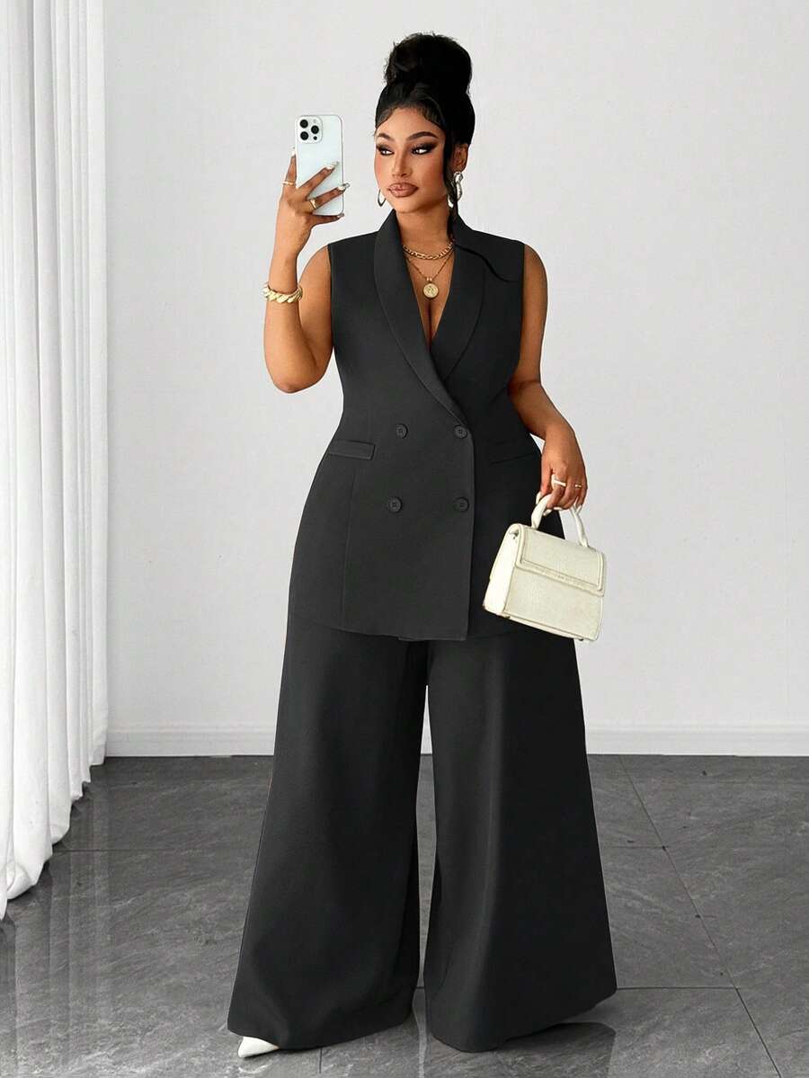 Maweii Bộ vest thanh lịch cỡ lớn, áo blazer và quần ống rộng, phù hợp cho công sở và đi làm, mùa thu/đông. - màu đen - Xem 1