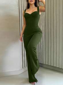 INAWLY Sexig Backless Bandage Rak Elegant Jumpsuit för kvinnor - Armé Grön - Visa 3