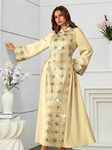 Al Najma Đầm thanh lịch đính sequin thêu họa tiết, thắt eo bên hông, tay xòe. - Màu vàng - Xem 7