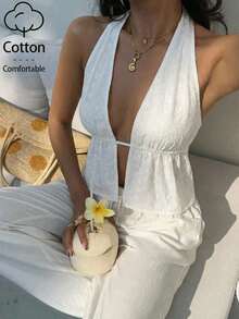 Aloruh Blouse décontractée de vacances pour femmes avec broderie œillet, Top de plage, Top d'été/Débardeur dos nu sexy - Blanc - Voir 3