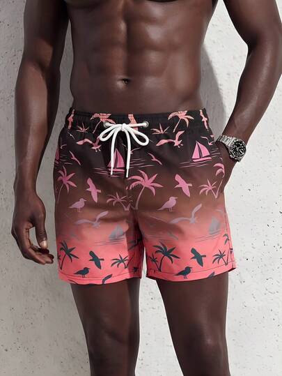 Manfinity Swimmode 男士抽绳腰带全印花休闲时尚沙滩短裤