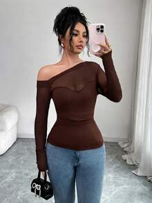 Rafferiza 新款女士优雅上衣，性感网纱拼接弧形领口设计，修身长袖黑色T恤 - 咖啡棕 - 查看 6