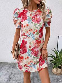Amorya Fleurora 女款優雅米色花卉提花印花宮廷風短洋裝，夏季復古度假度假風法式度假風早午餐洋裝 - 彩色 - 查看 13