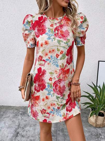 Amorya Women's Elegant Vacation Vintage Palace Style Colorful Floral Jacquard Print Holiday Dress  Red Dresses For Women Beach Dress Summer Dresses For Women Floral Short Dress Women Vacation Dress Hawaii Dress Women Coastal Dress Hibiscus Dress