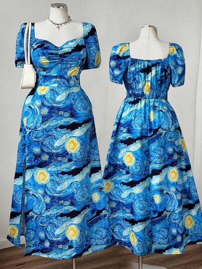 Sweetra Plus Size Diamond Collar Pattern Print Waist Cinching Split Hem Long Sleeve Dress