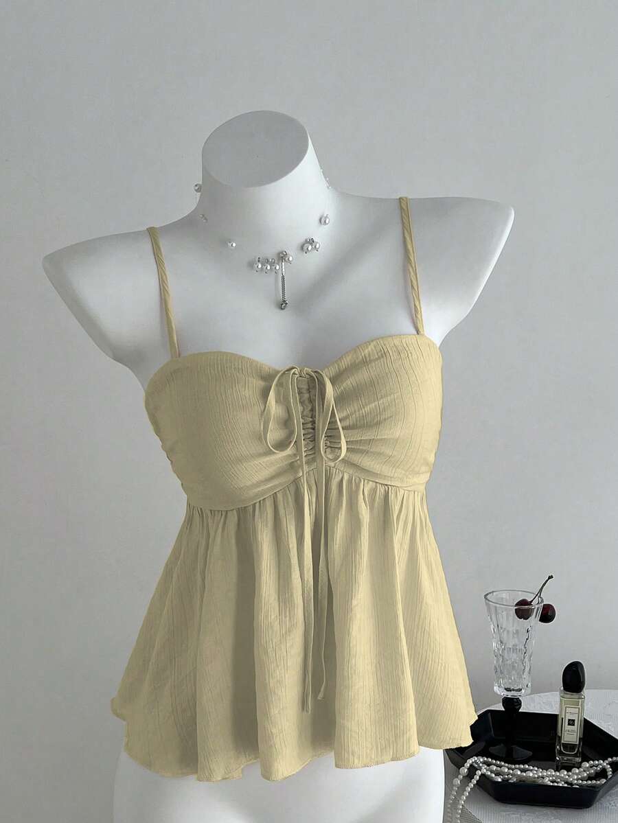 Franclia Petite Women's Cute Solid Color Pleated Fabric Pink Camisole Top For Summer - Khaki - View 1
