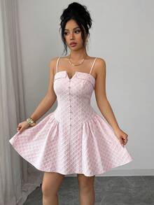 Elenzga Vestido mini de línea A sin mangas, con diseño de cintura ceñida, elegante y dulce, romántico y sexy para vacaciones. Vestido de princesa con botones y textura de cuadros, sin mangas, color rosa. - Rosa Pálido - Ver 6