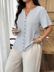 Weeklong Plus Size Women's Floral Patchwork Ruffle Trim Loose Short Sleeve Blouse, Spring/Summer - Baby Blue - View 4