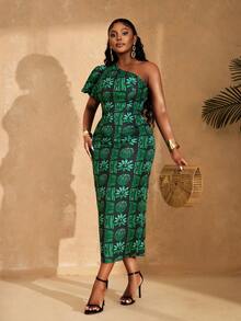 Lunelith SHEIN Lunessa Women's Summer Fashionable Vacation Style All-Over Print Flutter Sleeve Fitted Dress - Green - View 6