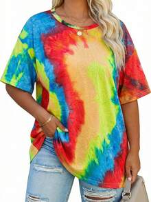 SHEIN CURVE+ Áo thun nữ cỡ lớn họa tiết nhuộm tie-dye ngẫu nhiên, vạt cong - Nhiều màu - Xem 10