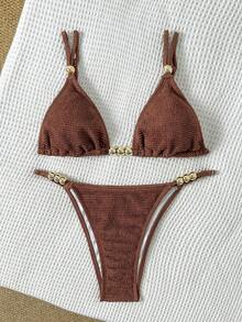 Swim Chiccia Enfärgad design med flera remmar, justerbart spänne i metallpärlor i midjan, elegant baddräktsset för kvinnor - Brun - Visa 3